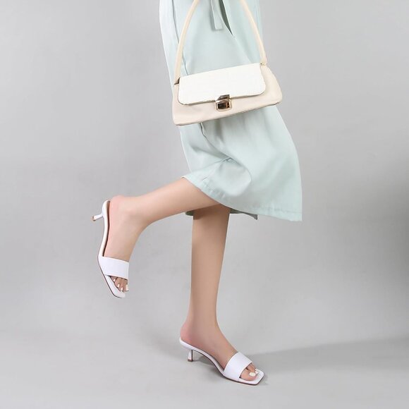 Women's White Kitten Heels Sandal Heeled Slides Square Open Toe One Band Slip On - Picture 7 of 9